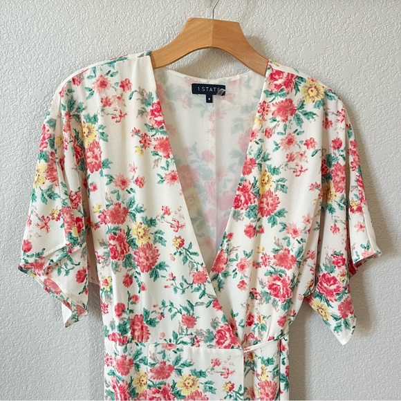 1. State Cream Wrap Midi Dress Flutter Sleeve w/ Pink Yellow Green Floral Size 8 - Picture 4 of 12